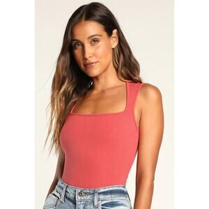 Lulus Feels Like Fate Rose Ribbed Sleeveless Square Neck Bodysuit Red - Size M